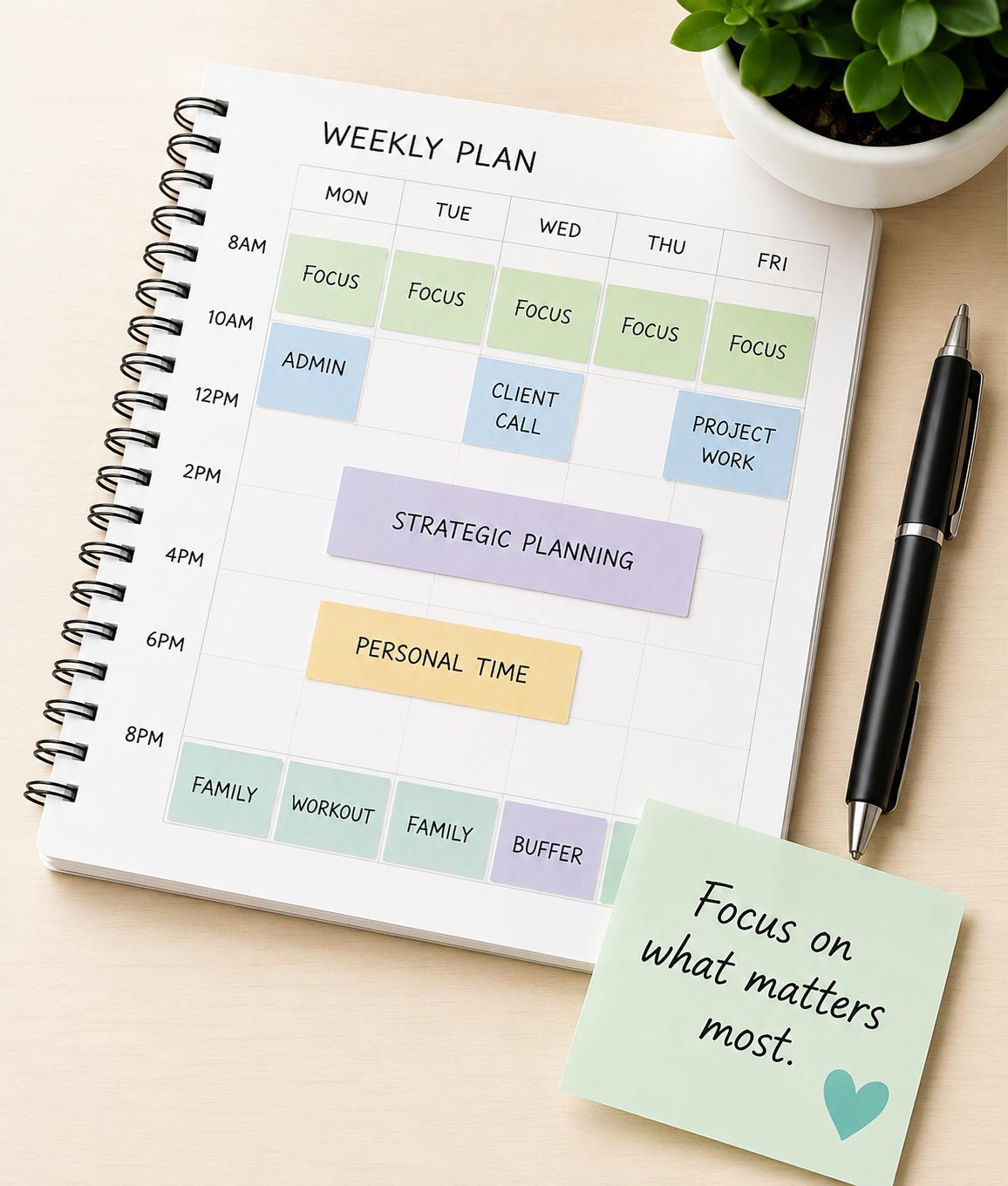 Weekly planning notebook and focus note