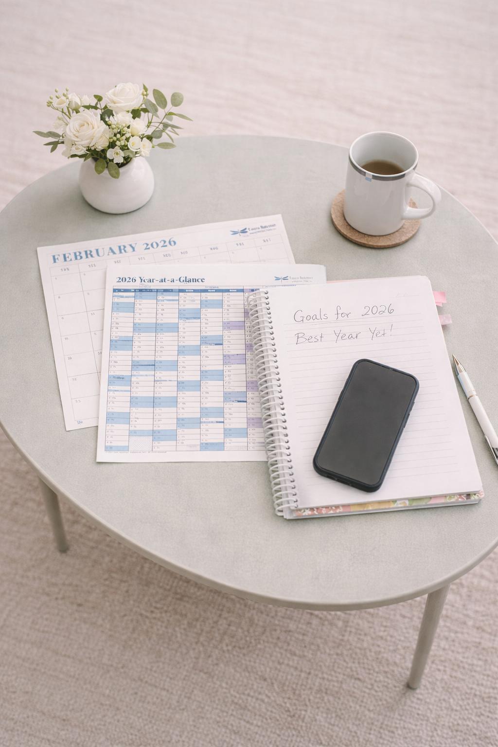 Planning materials, notebook, and coffee on a table